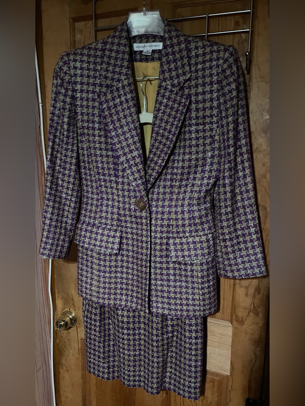 Vintage Eleanor P Brenner 100% Silk Skirt Suit Size 4 Purple Gold 80s Statement